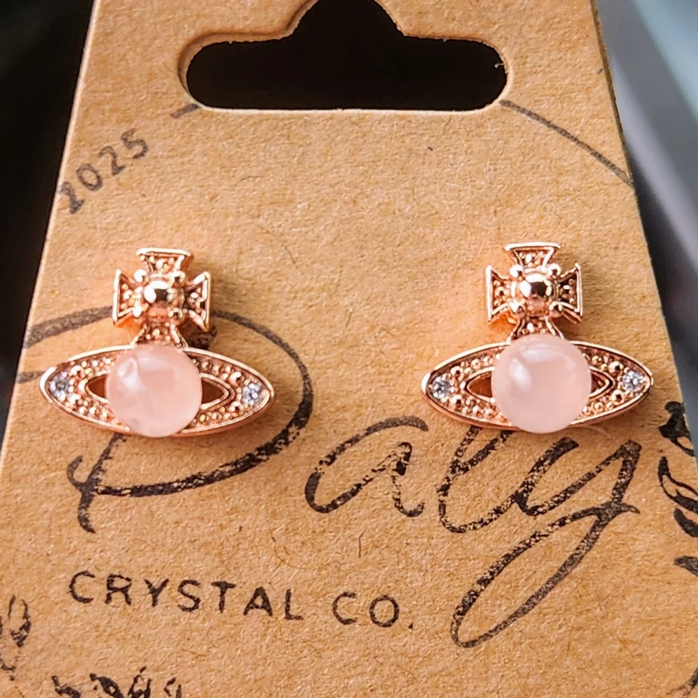 Rose Quartz, 925 Sterling Silver Stud Earrings. Gold Plated Crystal Jewlery - Picture 2 of 5